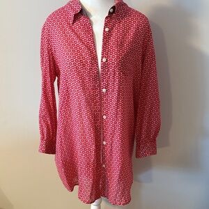 Rebecca Moses Oversized Red Patterned Button-Up Tunic Shirt Dress. Size Medium